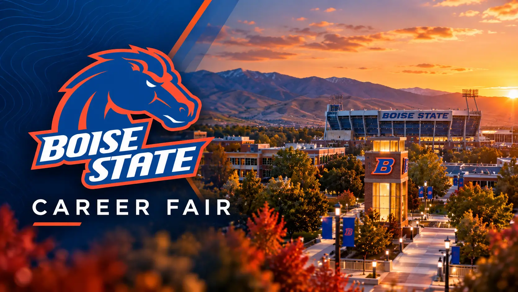 Boise State campus and Albertsons Stadium at sunset with Boise State Career Fair branding