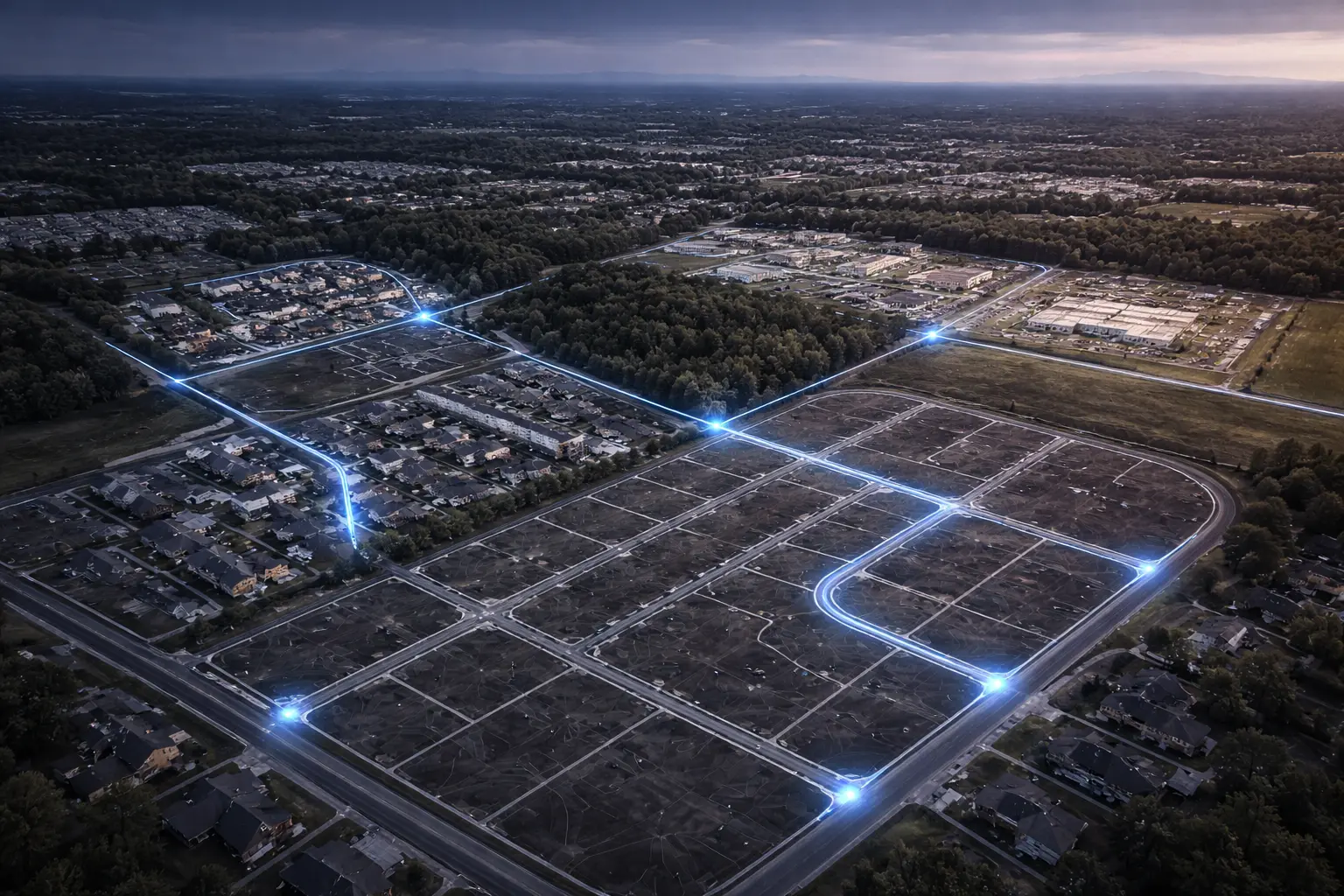 Aerial view of a Treasure Valley development site with illuminated infrastructure network overlay